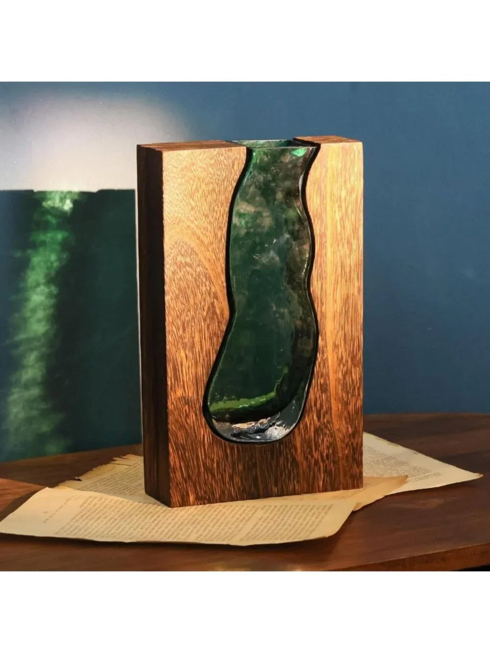 Rustic Wooden and Glass Inlay Flower Vase - Farmhouse Home Decor Centerpiece